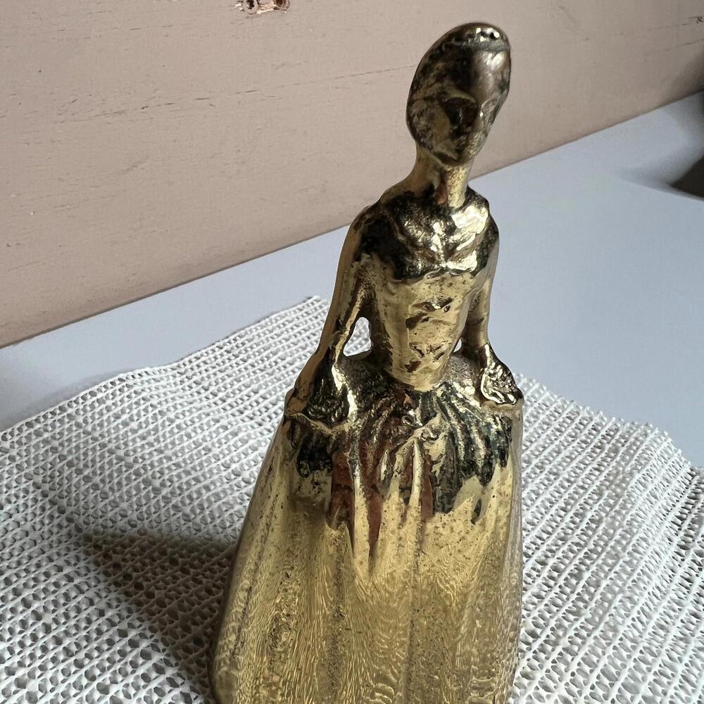 Vintage Brass Bell Woman Figurine Lady Dress Hand Bell Decor Collectible